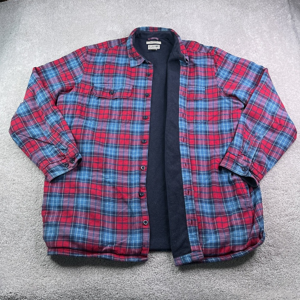 LL Bean Shirt Jacket Mens XXL Tall Red Blue Plaid Fleece Lined Flannel Shacket